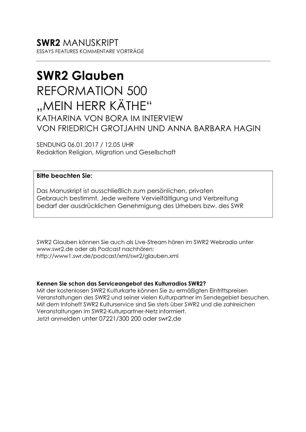 SWR2 Glauben REFORMATION 500 „MEIN HERR KÄTHE“