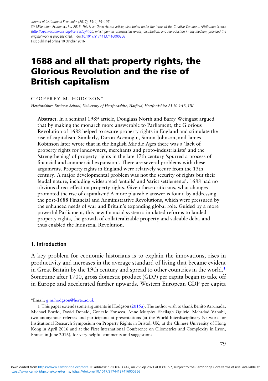 Property Rights, the Glorious Revolution and the Rise of British Capitalism