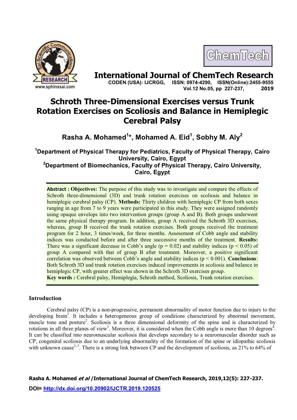 Schroth Three-Dimensional Exercises Versus Trunk Rotation Exercises on Scoliosis and Balance in Hemiplegic Cerebral Palsy