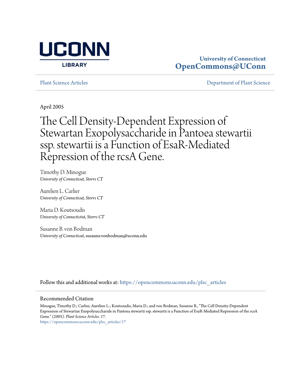 The Cell Density-Dependent Expression of Stewartan Exopolysaccharide in Pantoea Stewartii Ssp