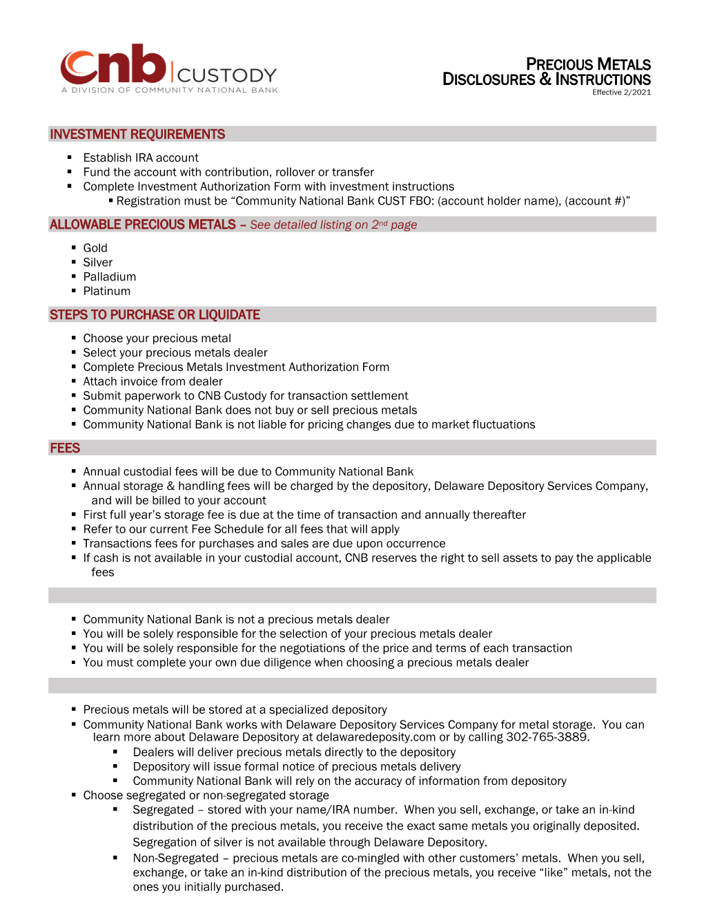 Precious Metals Disclosures and Instructions