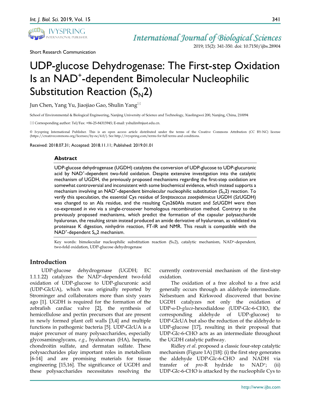 UDP-Glucose Dehydrogenase: the First-Step Oxidation Is an NAD+-Dependent Bimolecular Nucleophilic