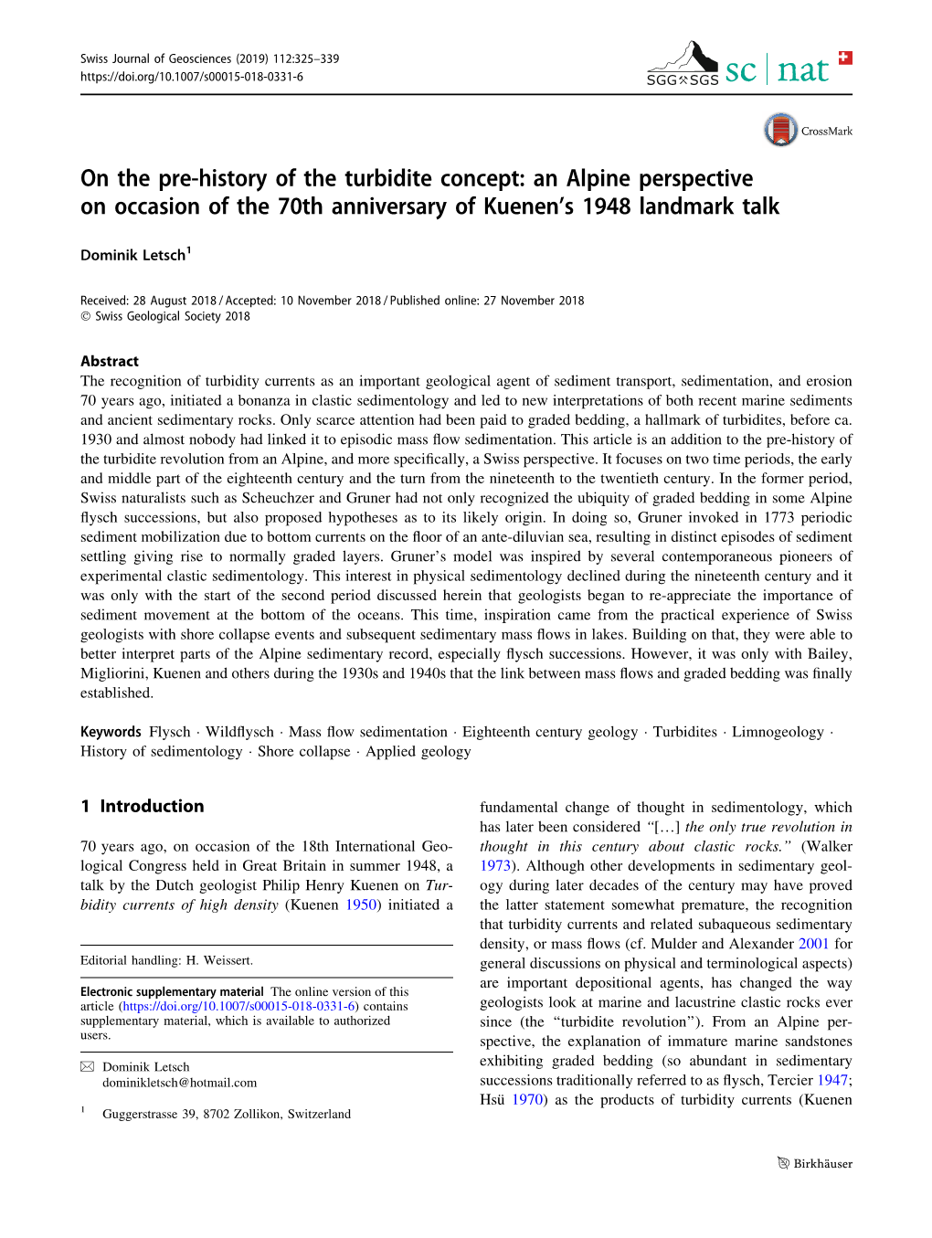 On the Pre-History of the Turbidite Concept: an Alpine Perspective on Occasion of the 70Th Anniversary of Kuenen’S 1948 Landmark Talk