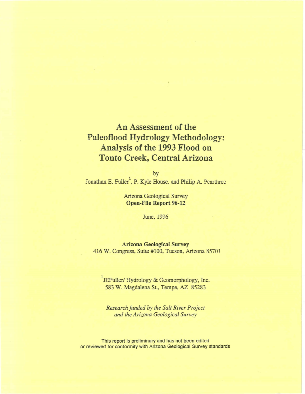 Analysis of the 1993 Flood on Tonto Creek, Central Arizona