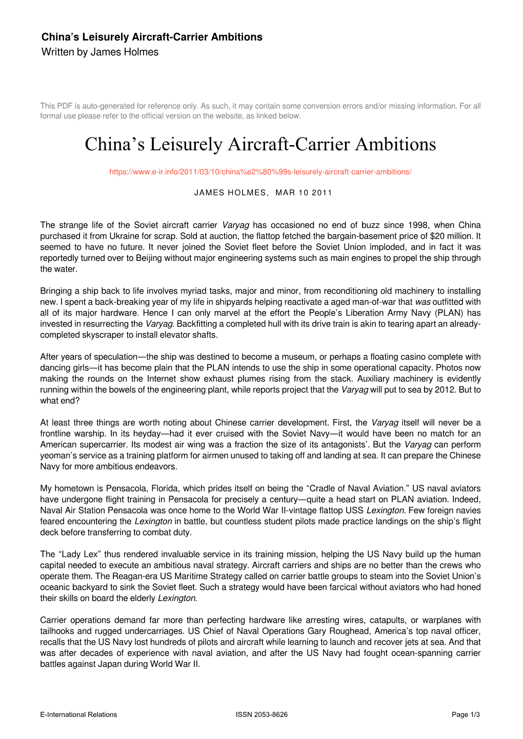 China's Leisurely Aircraft-Carrier Ambitions