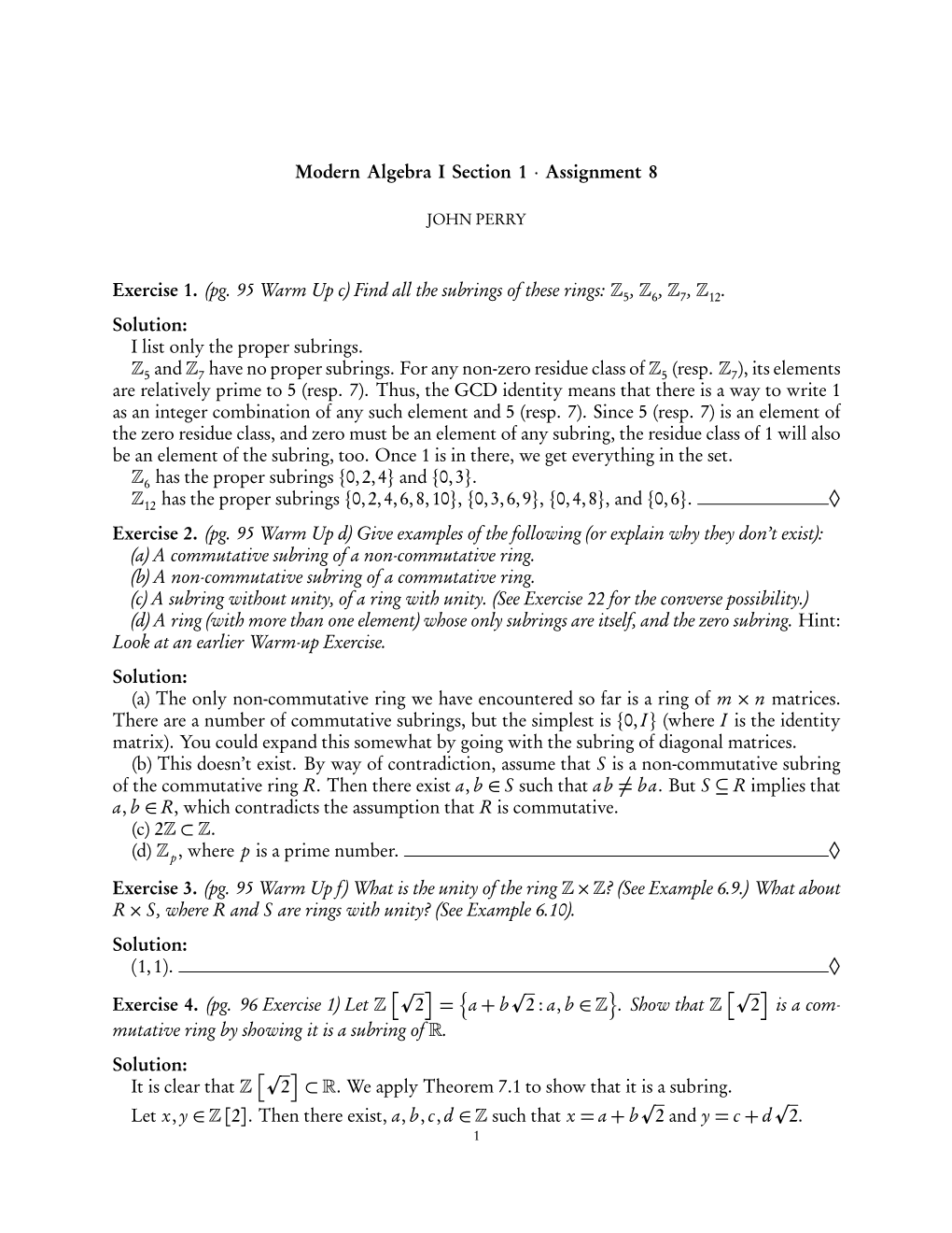 Modern Algebra I Section 1 · Assignment 8 Exercise 1. (Pg. 95