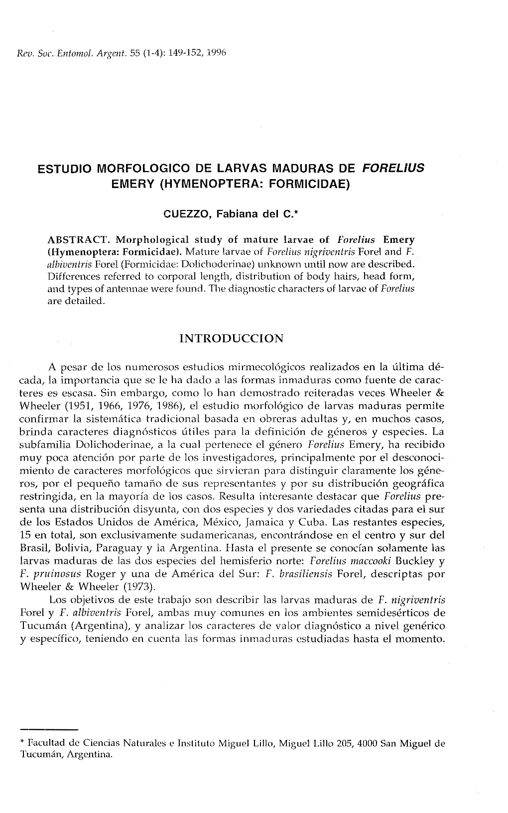 Estudio Morfologico De Larvas Maduras De Forelius Emery (Hymenoptera: Formicidae)