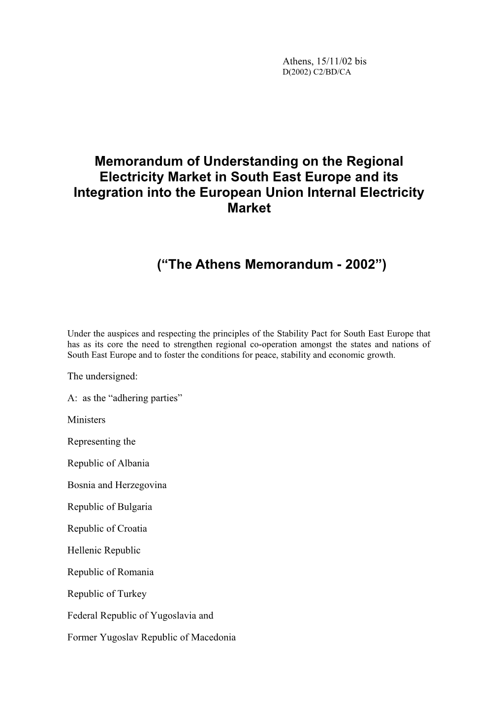 the Athens Memorandum - 2002