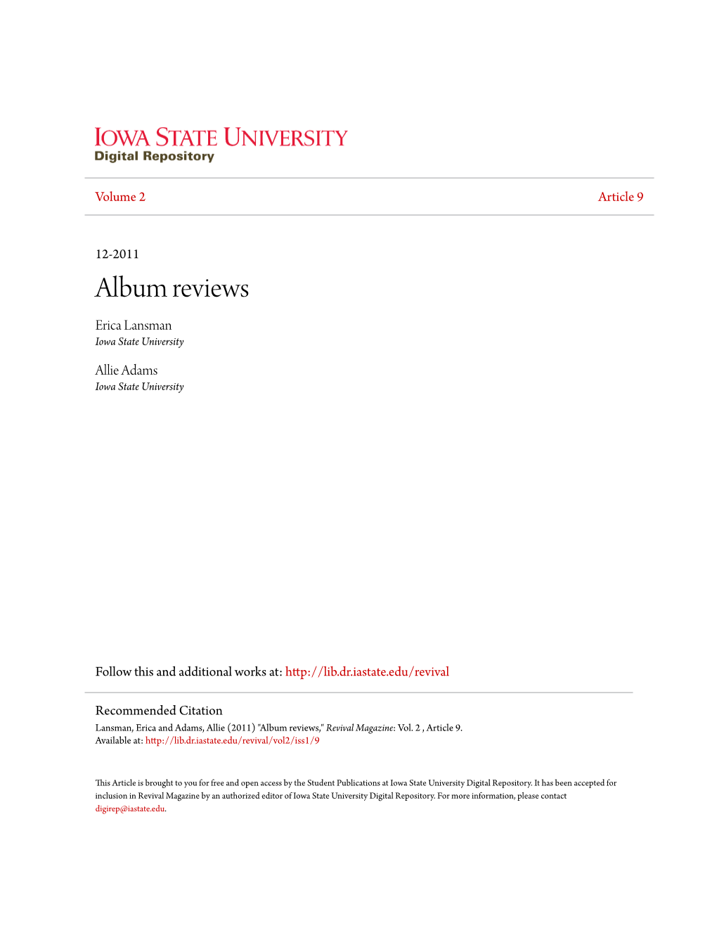 Album Reviews Erica Lansman Iowa State University