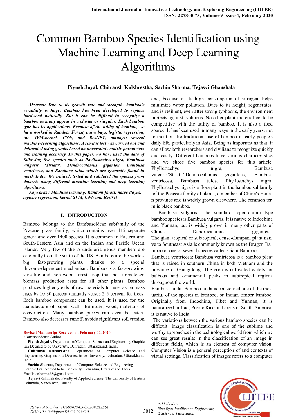 Common Bamboo Species Identification Using Machine Learning and Deep Learning Algorithms