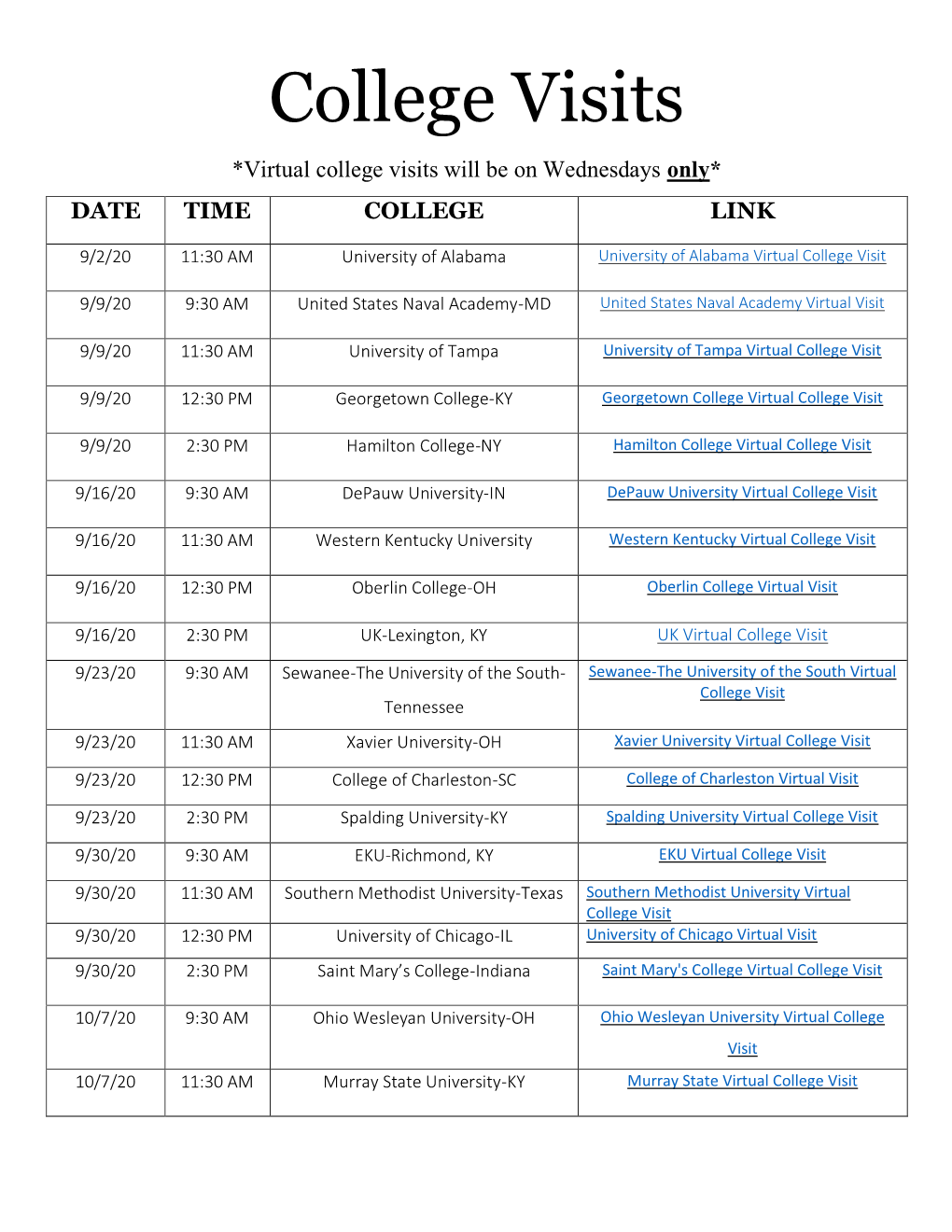 College Visits *Virtual College Visits Will Be on Wednesdays Only* DATE TIME COLLEGE LINK