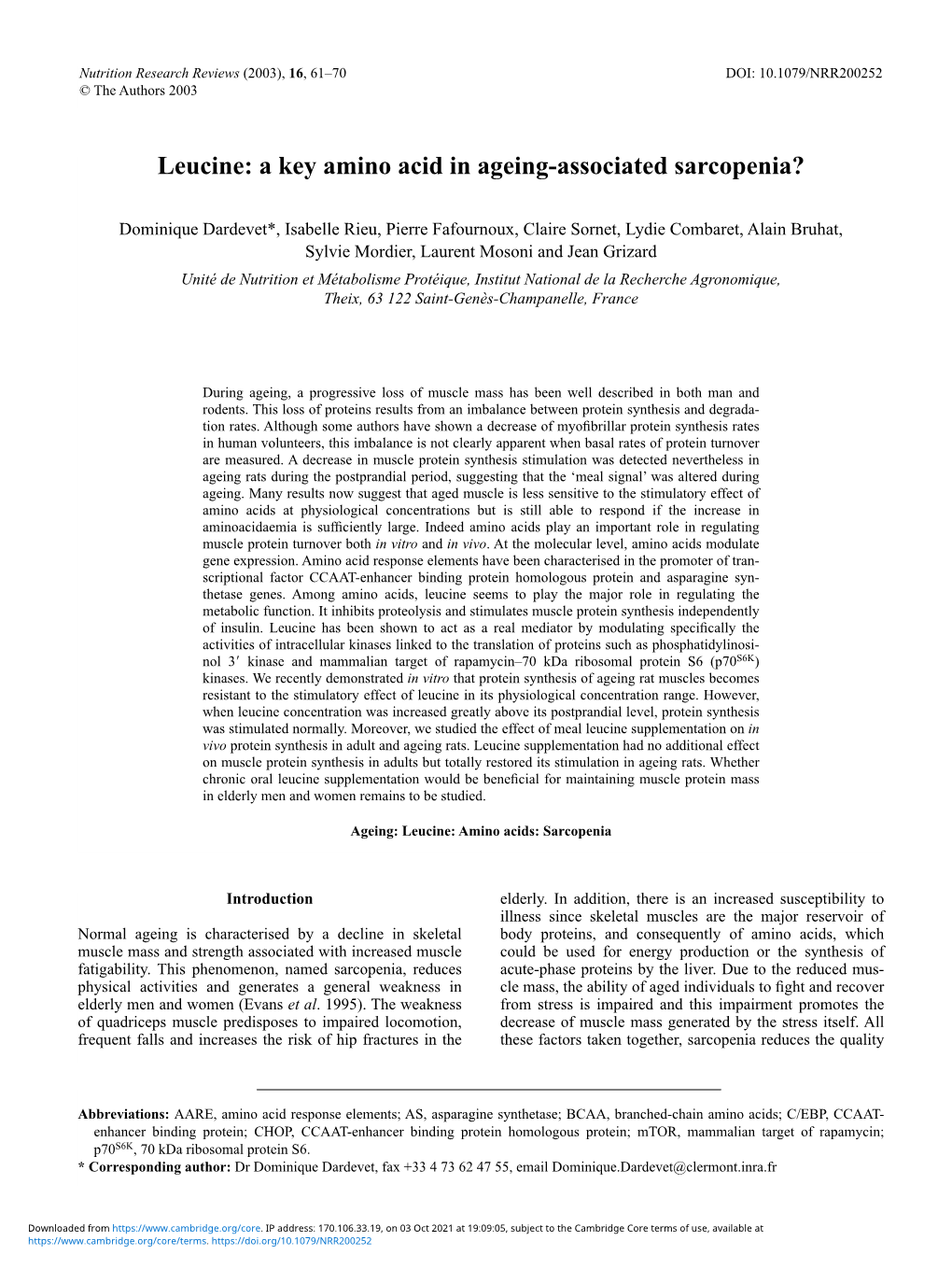 Leucine: a Key Amino Acid in Ageing-Associated Sarcopenia?