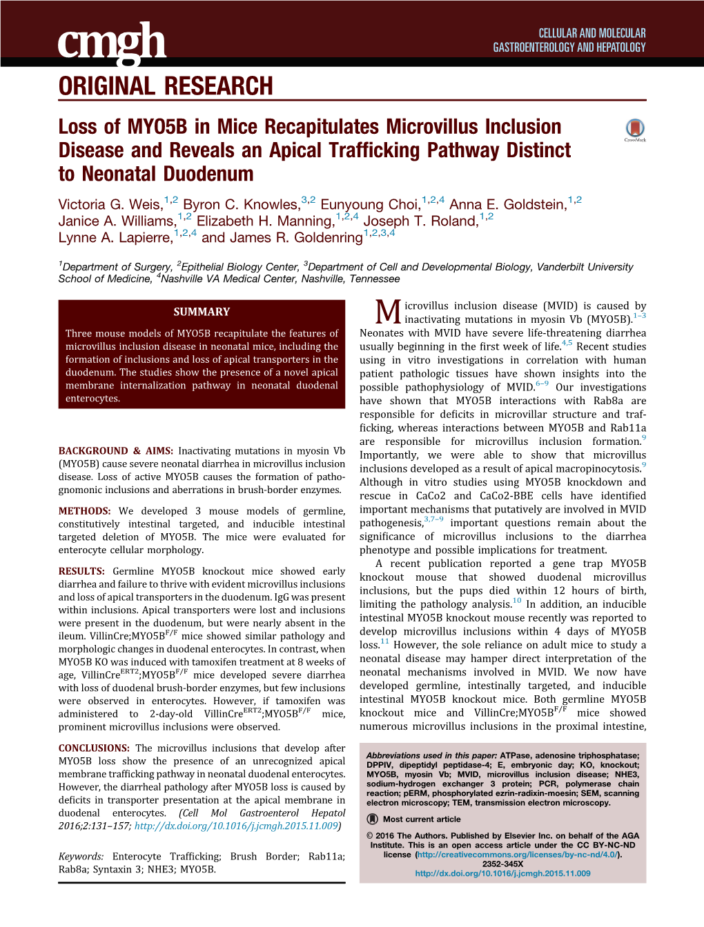 Loss of MYO5B in Mice Recapitulates Microvillus Inclusion Disease and Reveals an Apical Trafficking Pathway Distinct to Neonatal