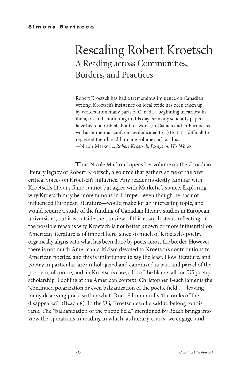 Rescaling Robert Kroetsch a Reading Across Communities, Borders, and Practices