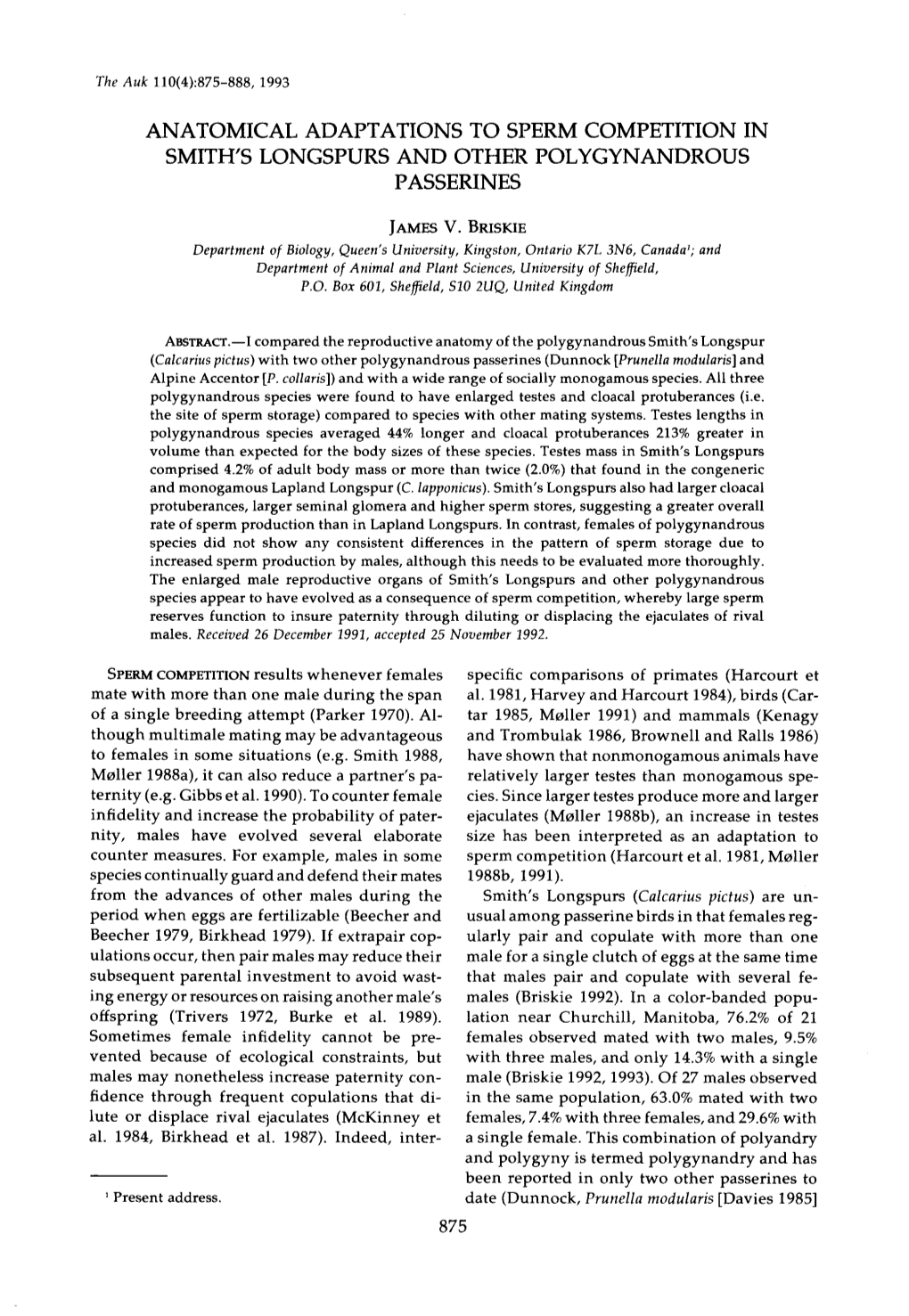 Anatomical Adaptations to Sperm Competition in Smith's Longspurs and Other Polygynandrous Passerines