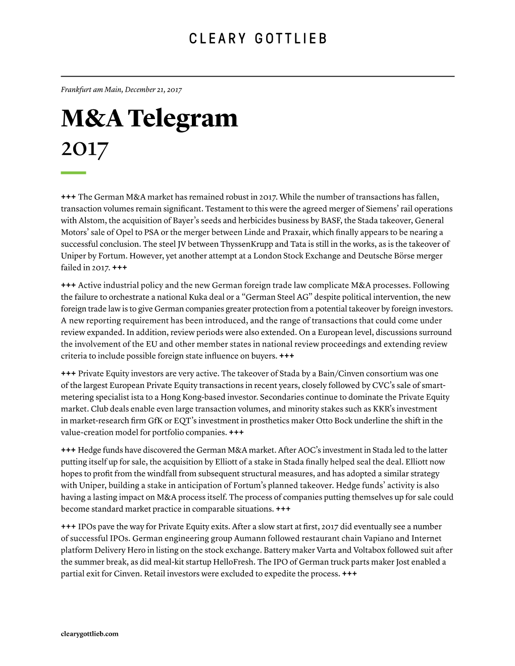 Cleary Gottlieb M&A Telegram, 2017