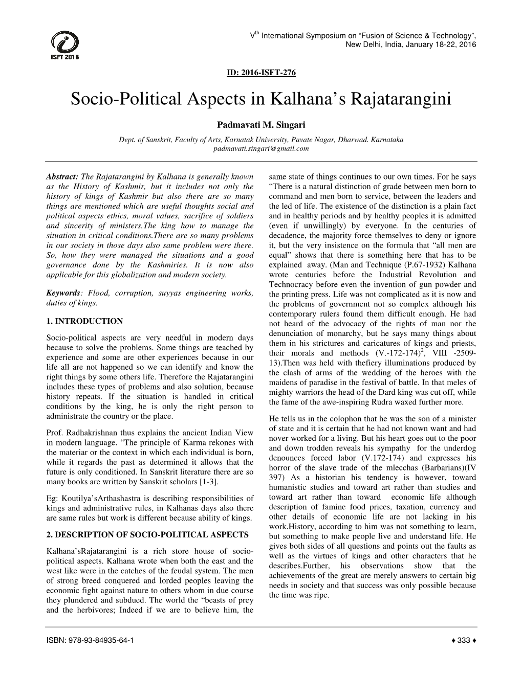 Socio-Political Aspects in Kalhana's Rajatarangini