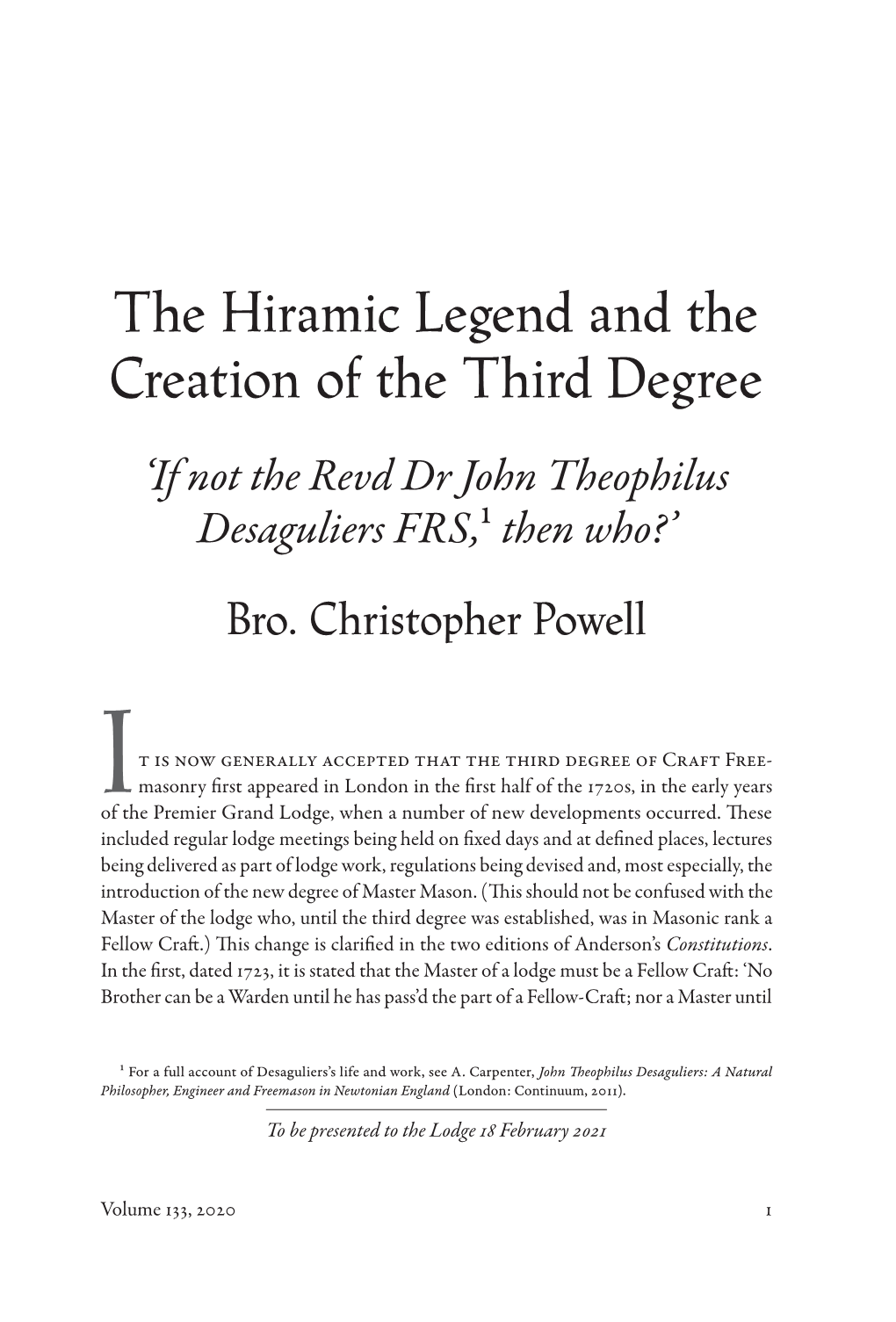 The Hiramic Legend and the Creation of the Third Degree