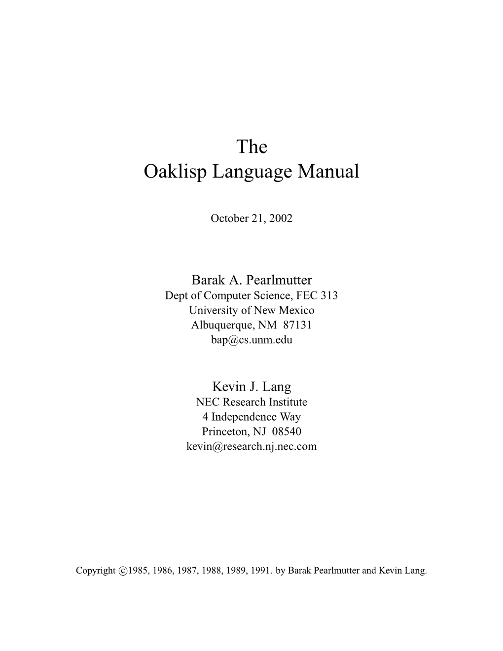 The Oaklisp Language Manual