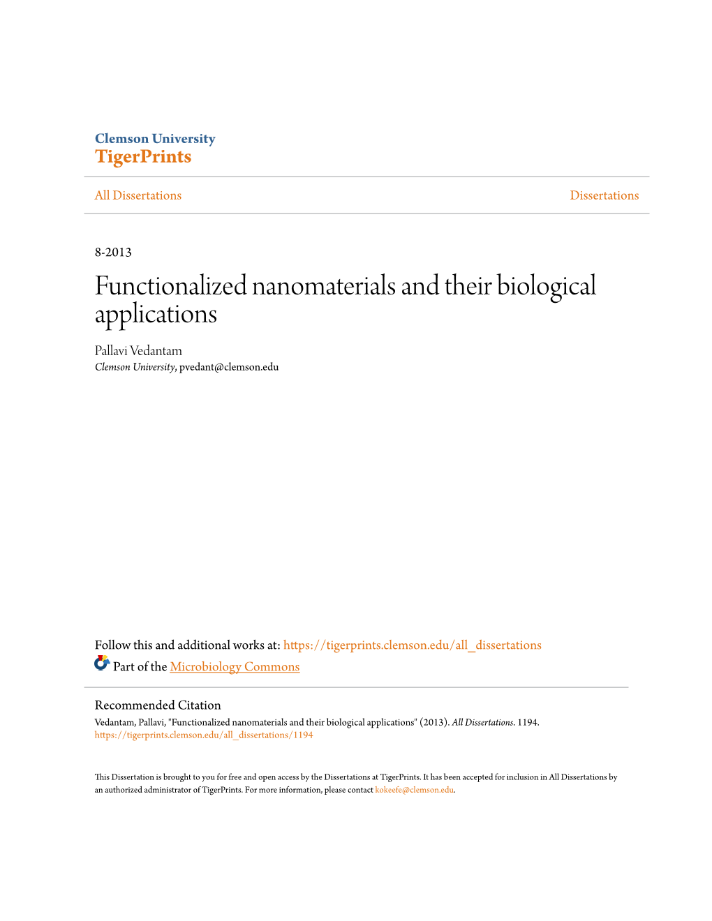 Functionalized Nanomaterials and Their Biological Applications Pallavi Vedantam Clemson University, Pvedant@Clemson.Edu