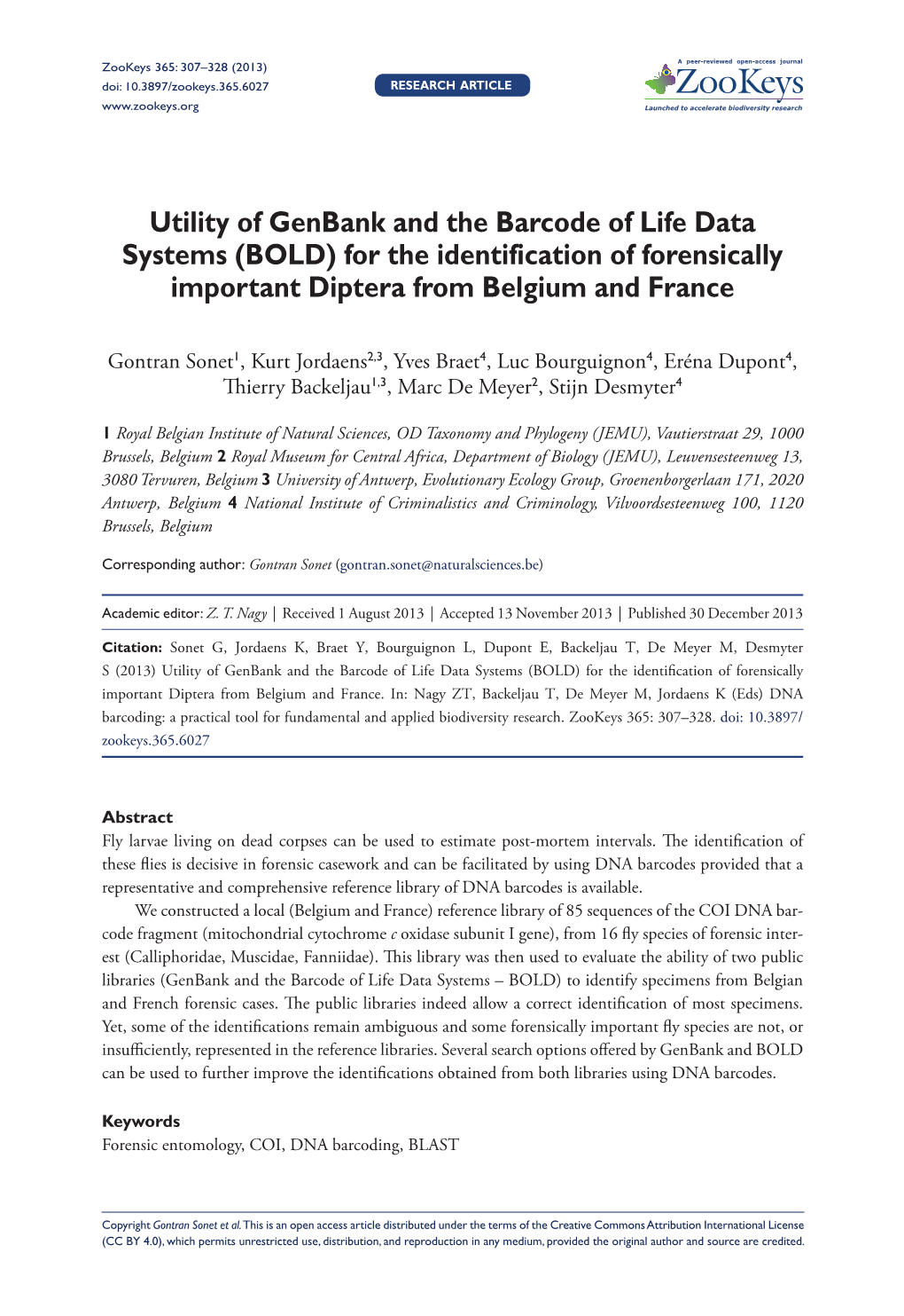 For the Identification of Forensically Important Diptera from Belgium and France