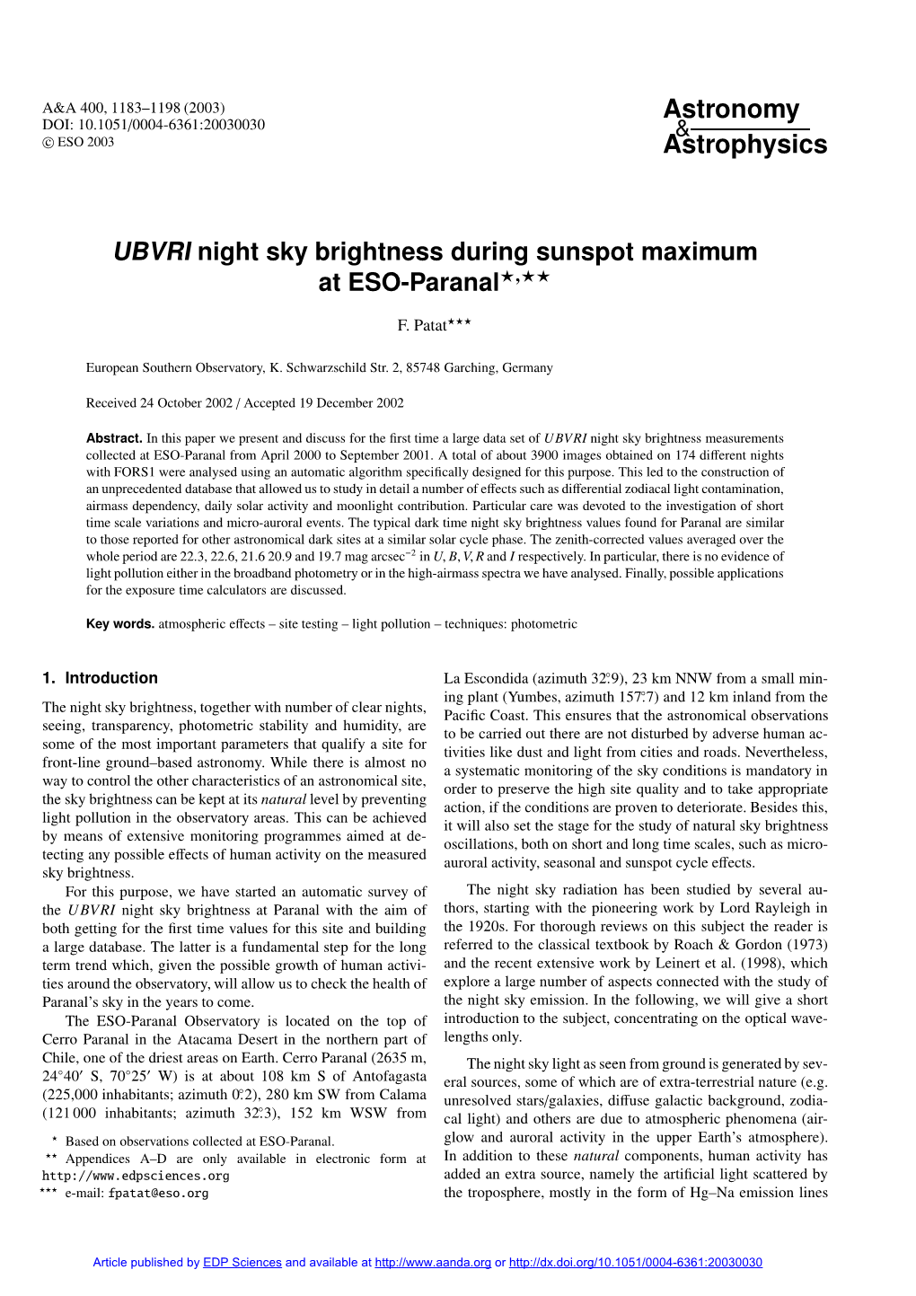 UBVRI Night Sky Brightness During Sunspot Maximum at ESO-Paranal�,