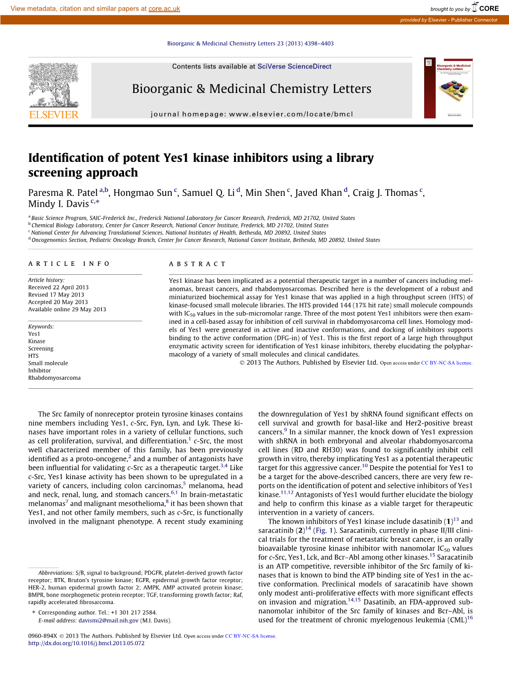 Identification of Potent Yes1 Kinase Inhibitors Using a Library