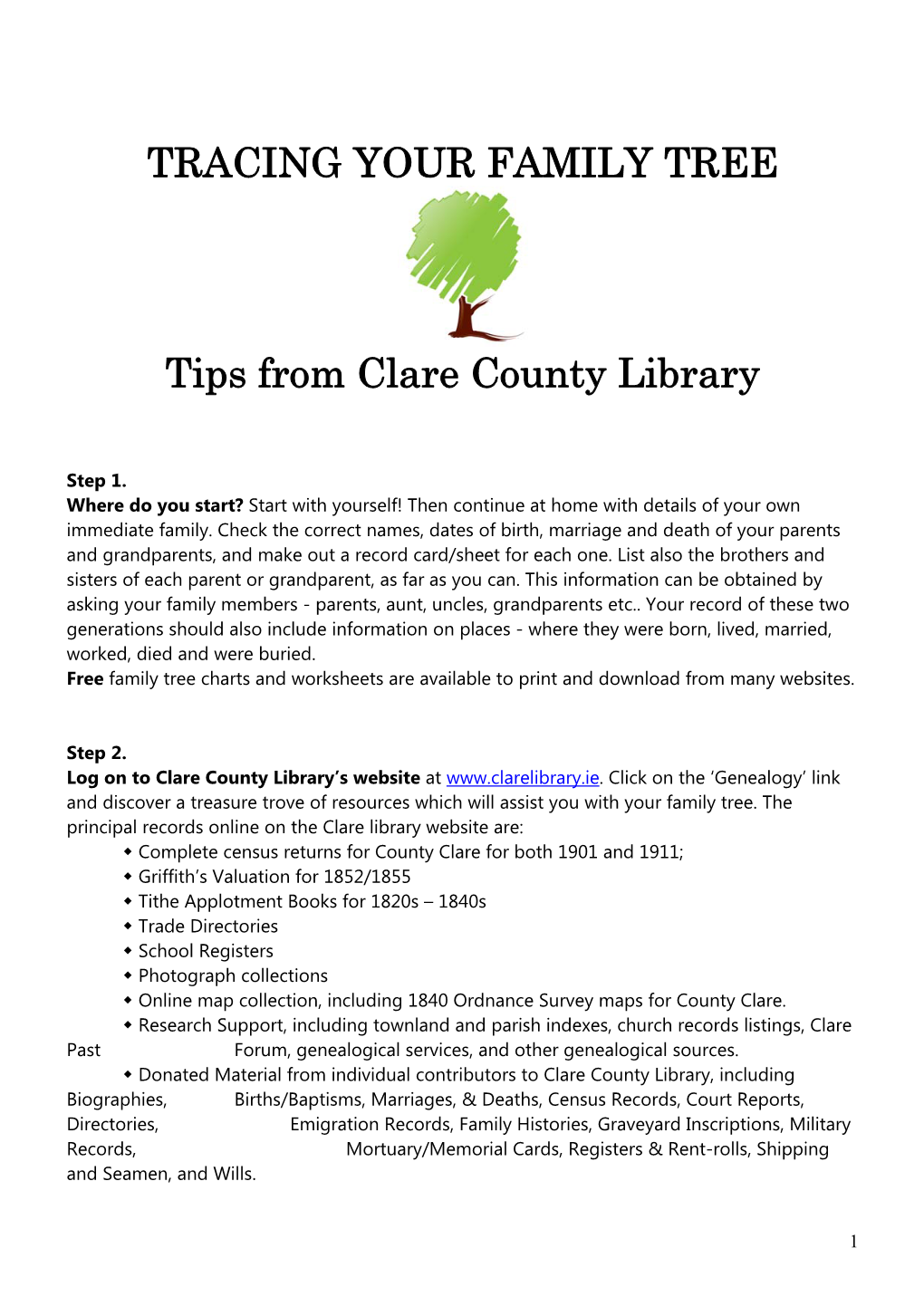 TRACING YOUR FAMILY TREE Tips from Clare County Library