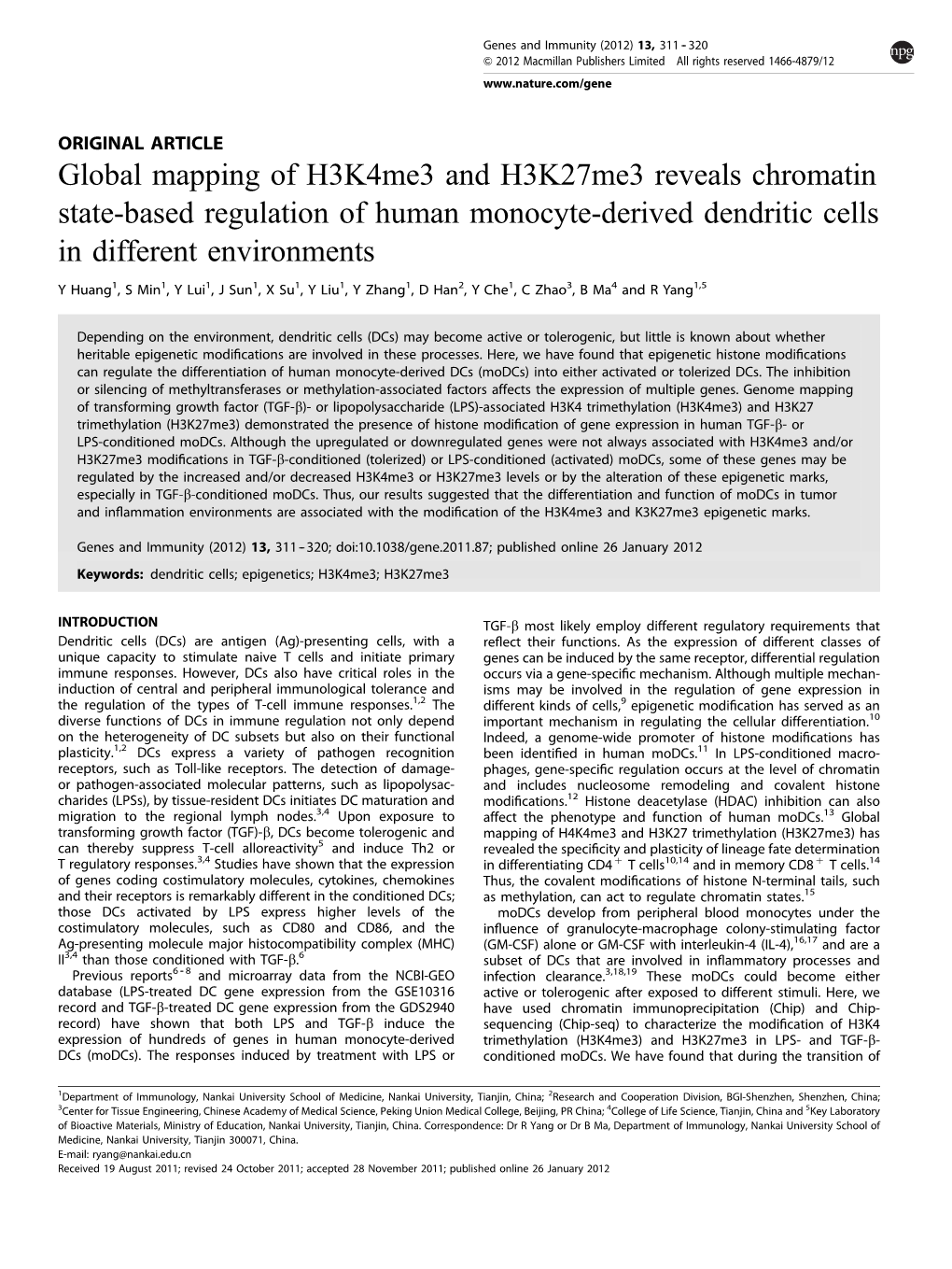 Global Mapping of H3k4me3 and H3k27me3 Reveals Chromatin State-Based Regulation of Human Monocyte-Derived Dendritic Cells in Different Environments