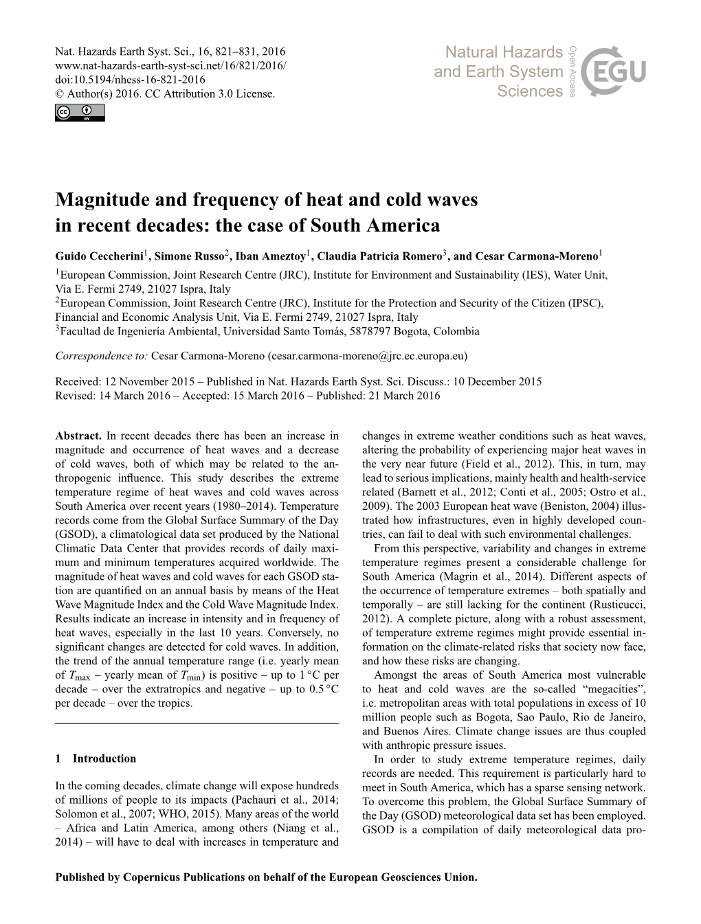 Magnitude and Frequency of Heat and Cold Waves in Recent Decades: the Case of South America