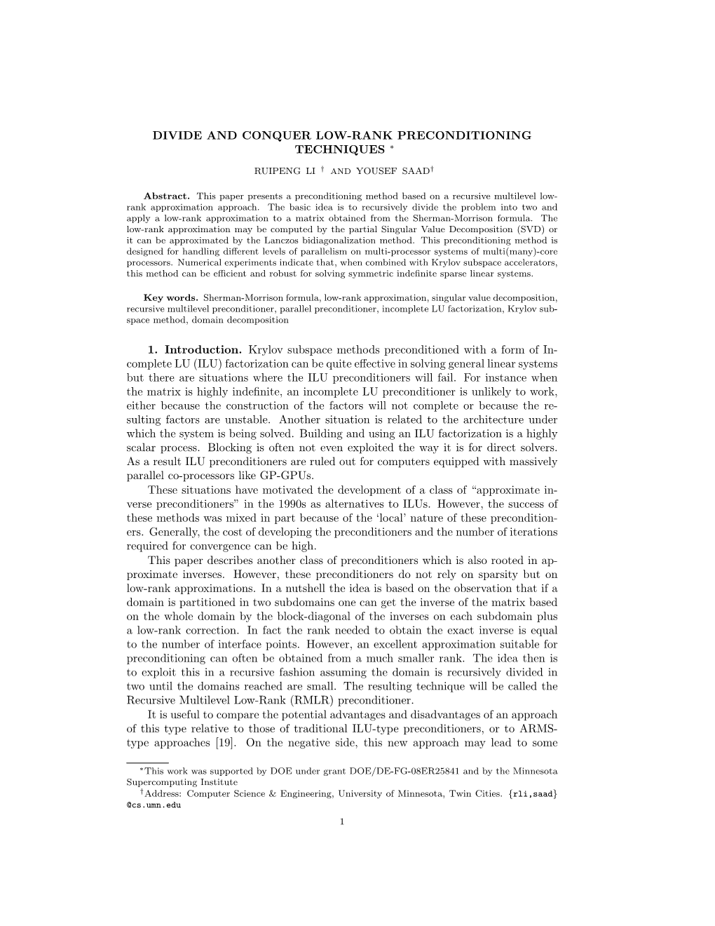 DIVIDE and CONQUER LOW-RANK PRECONDITIONING TECHNIQUES ∗ 1. Introduction. Krylov Subspace Methods Preconditioned with a Form O