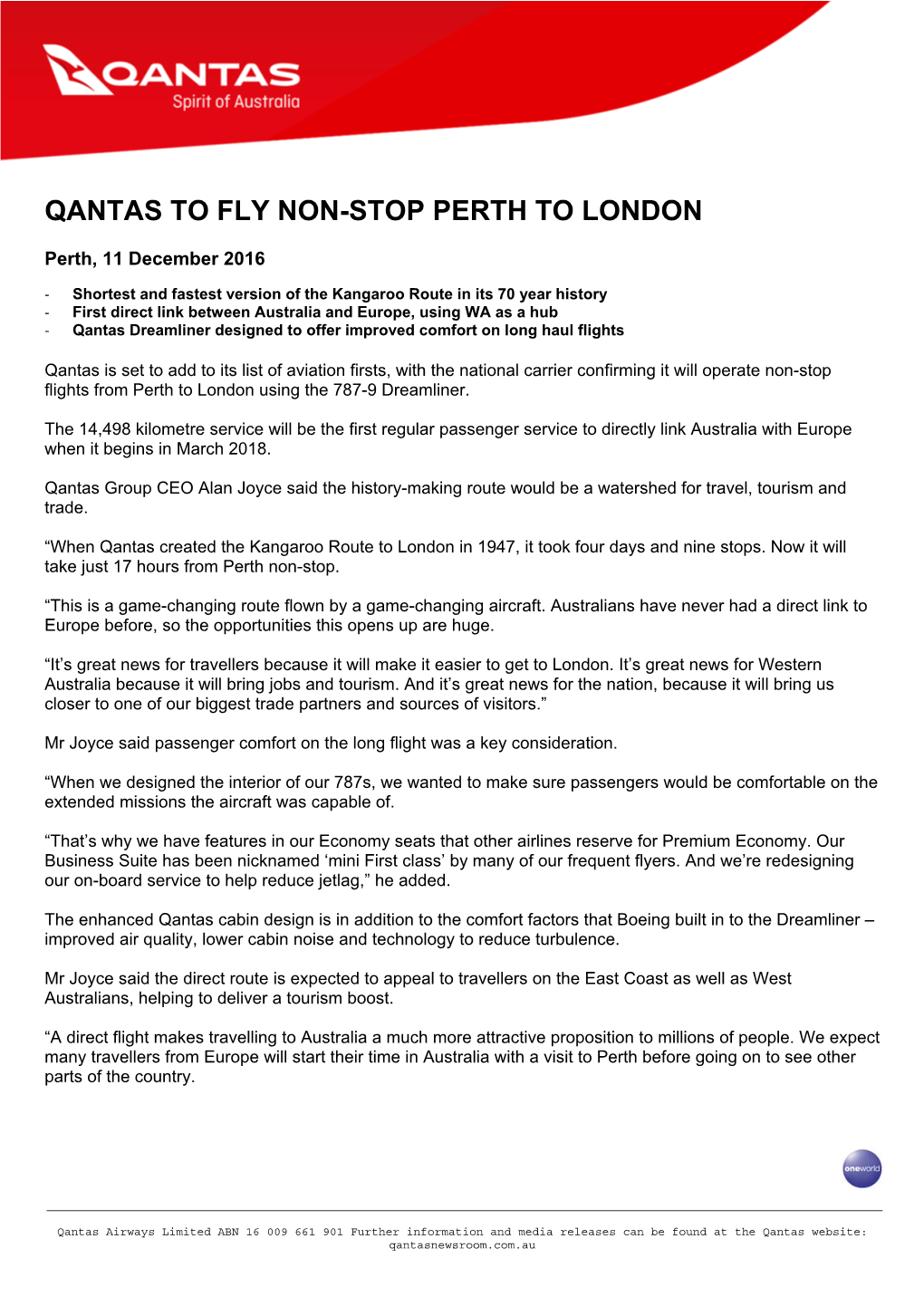 Qantas to Fly Non-Stop Perth to Londonopens in a New Window