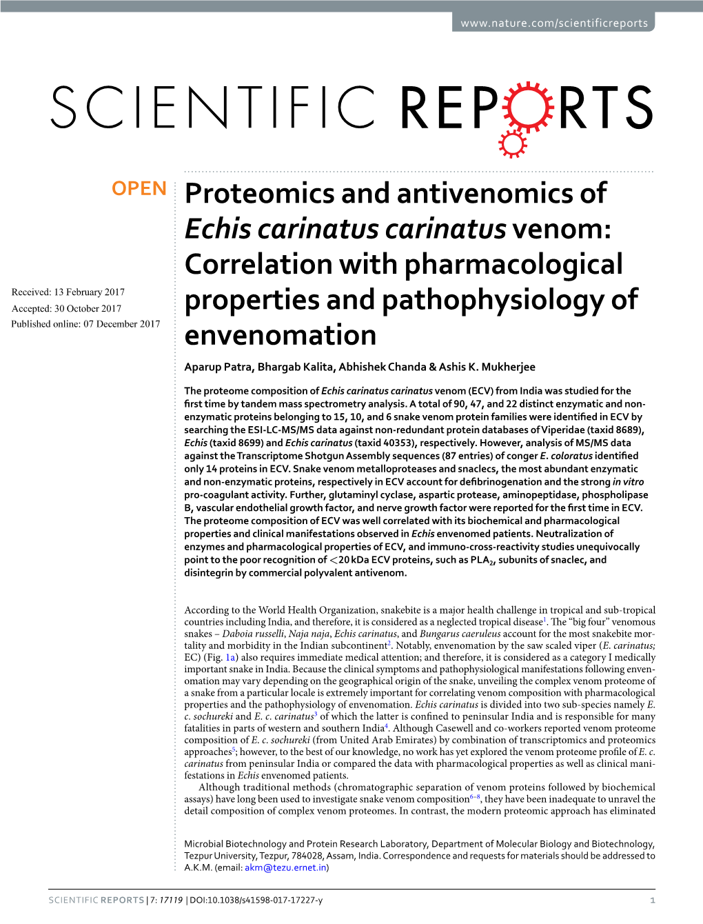 Proteomics and Antivenomics of Echis Carinatus Carinatusvenom