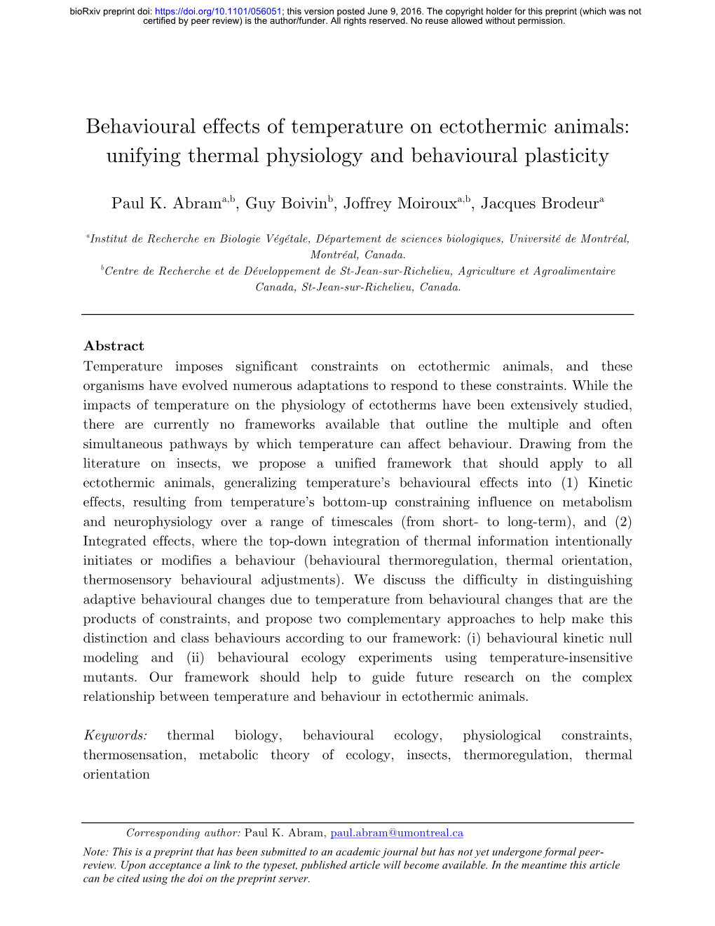 Behavioural Effects of Temperature on Ectothermic Animals: Unifying Thermal Physiology and Behavioural Plasticity
