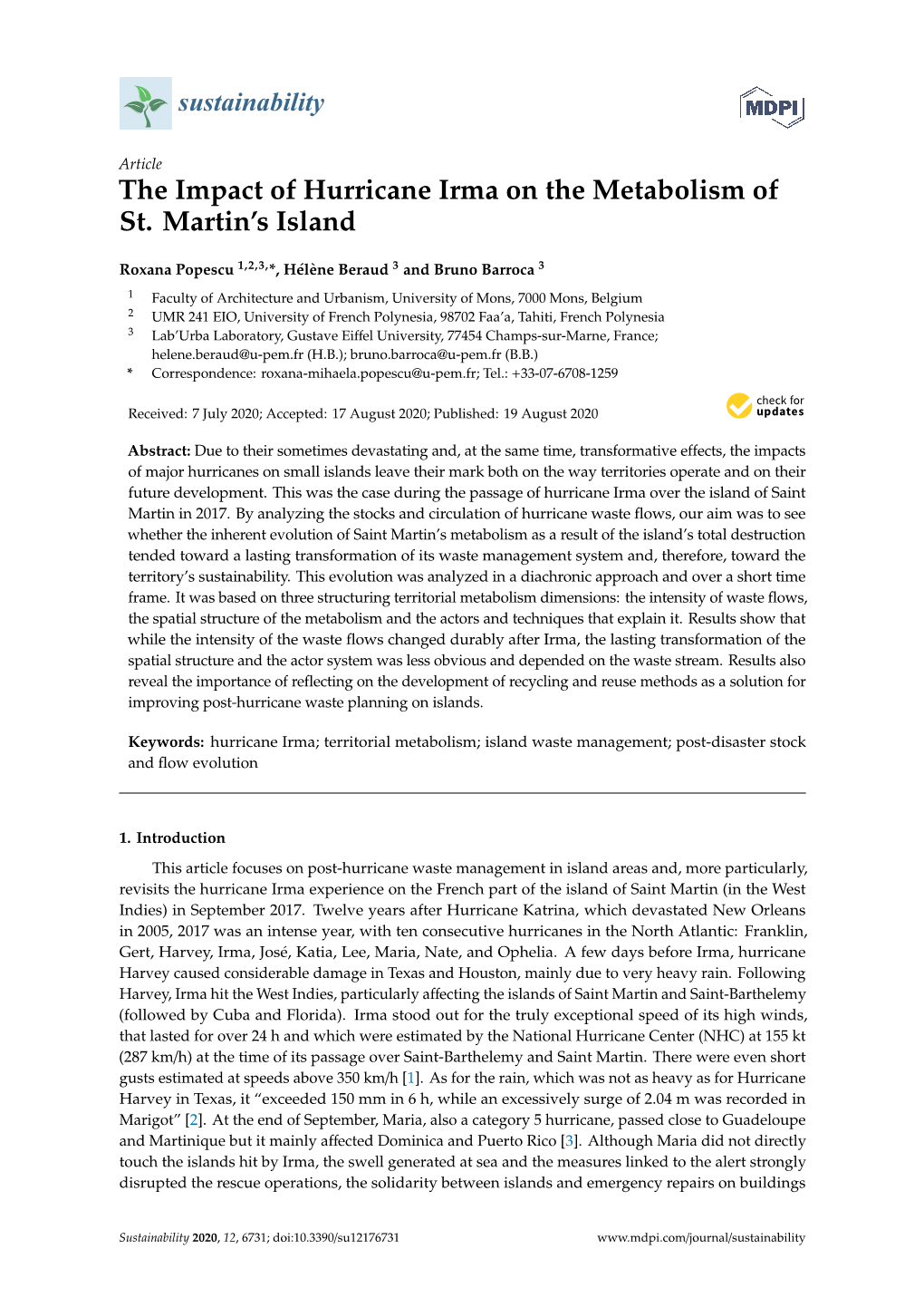 The Impact of Hurricane Irma on the Metabolism of St. Martin's Island