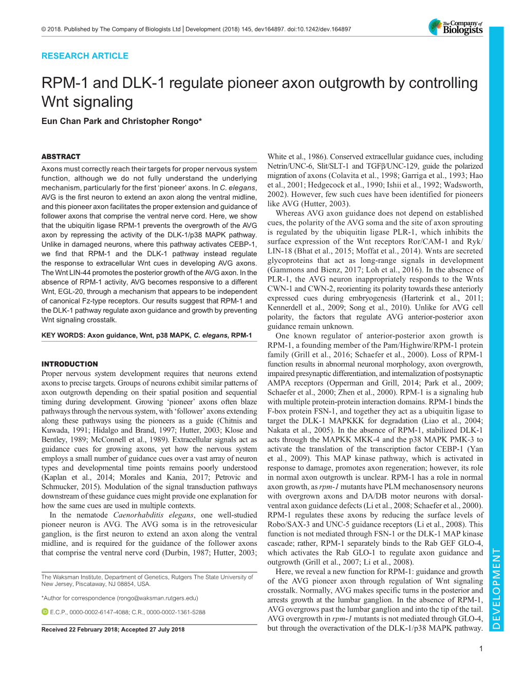 RPM-1 and DLK-1 Regulate Pioneer Axon Outgrowth by Controlling Wnt Signaling Eun Chan Park and Christopher Rongo*