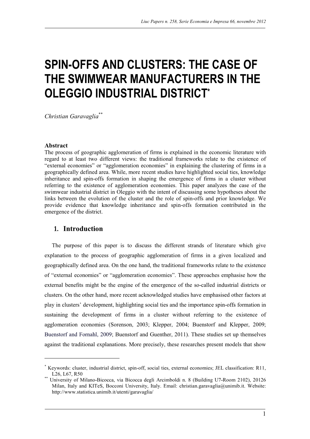 Spin-Offs and Clusters: the Case of the Swimwear Manufacturers in the Oleggio Industrial District *