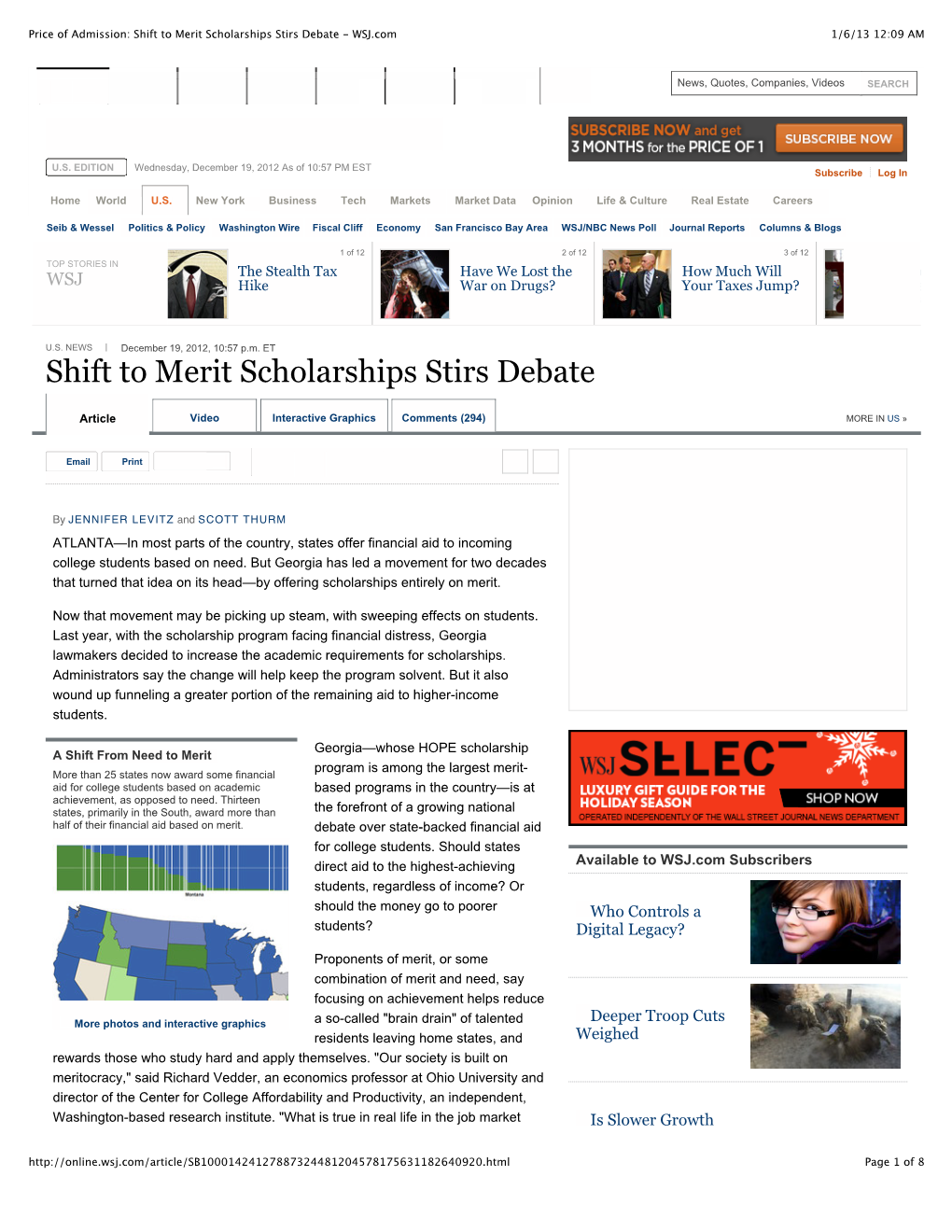Shift to Merit Scholarships Stirs Debate - WSJ.Com 1/6/13 12:09 AM