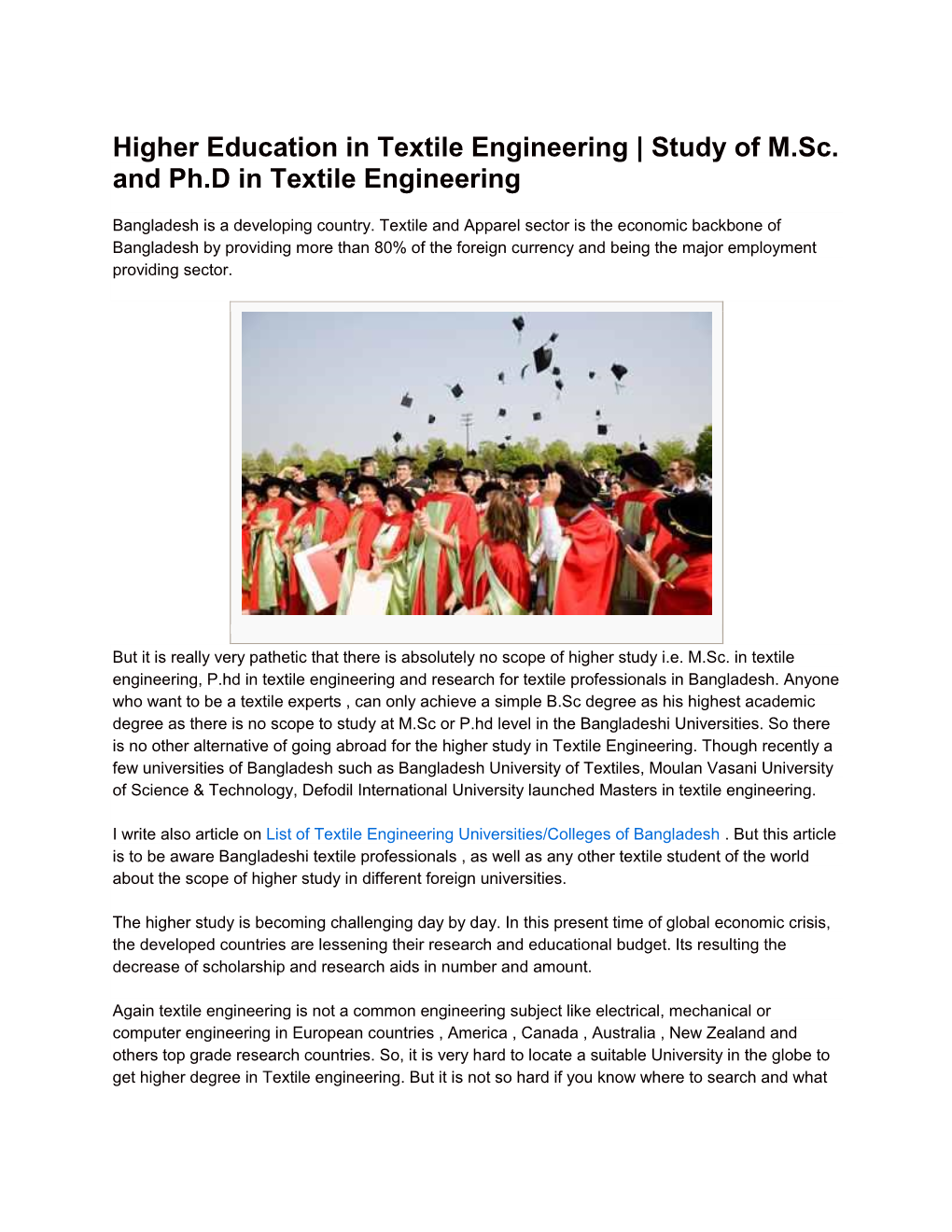 Higher Education in Textile Engineering | Study of M.Sc. and Ph.D in Textile Engineering