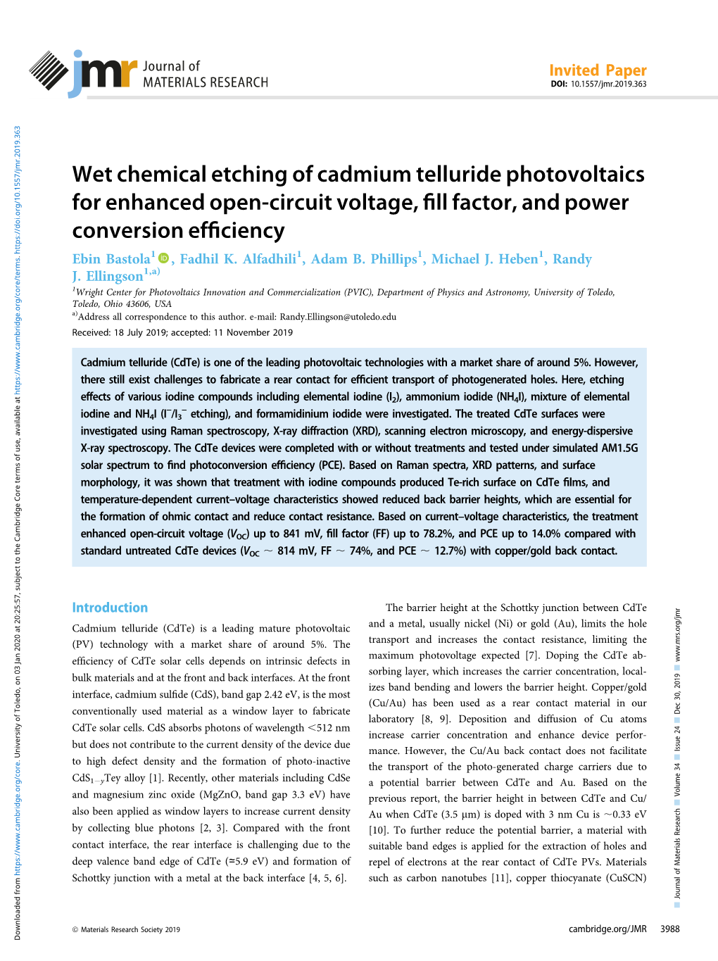 Wet Chemical Etching of Cadmium Telluride Photovoltaics for Enhanced Open-Circuit Voltage, Fill Factor, and Power Conversion