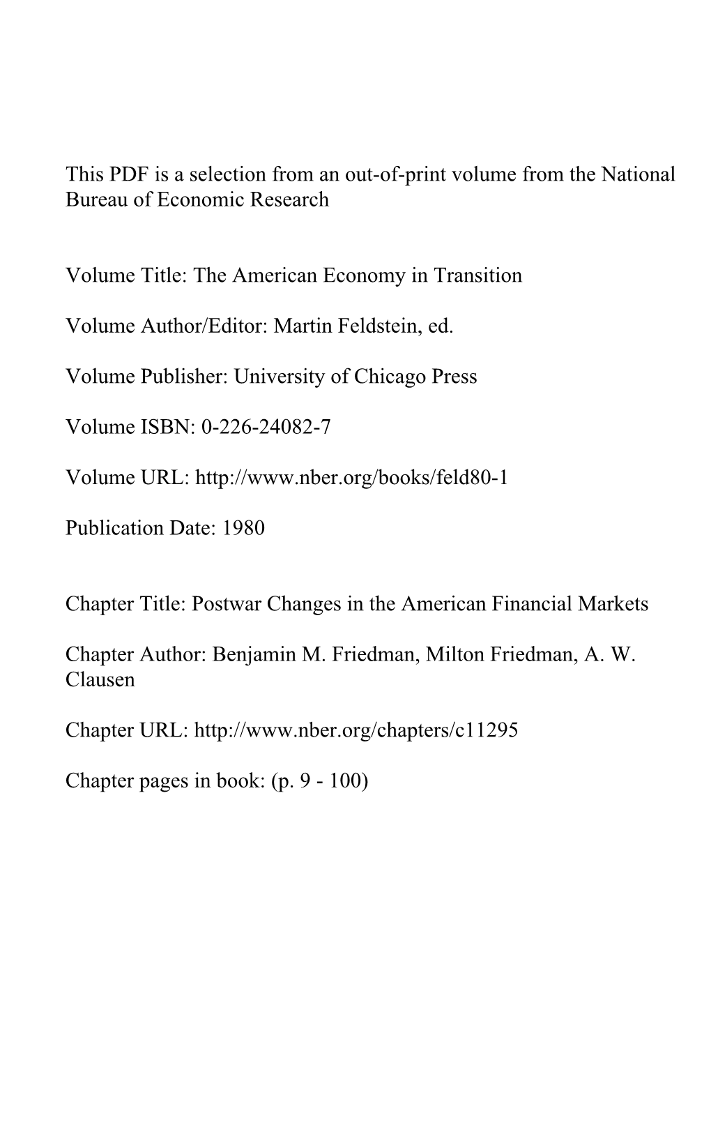 Postwar Changes in the American Financial Markets