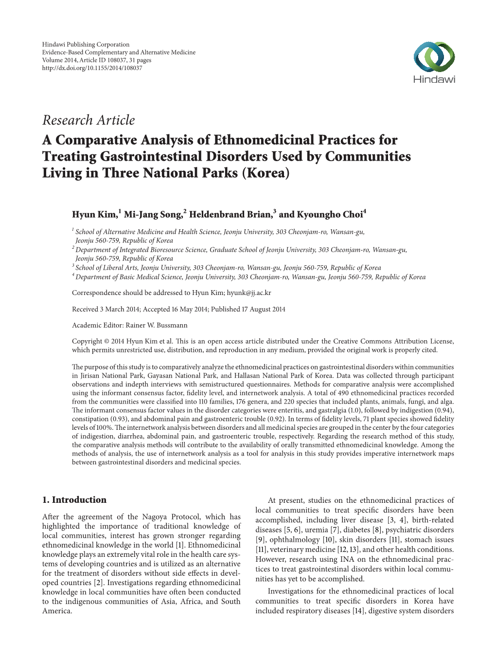 A Comparative Analysis of Ethnomedicinal Practices for Treating Gastrointestinal Disorders Used by Communities Living in Three National Parks (Korea)