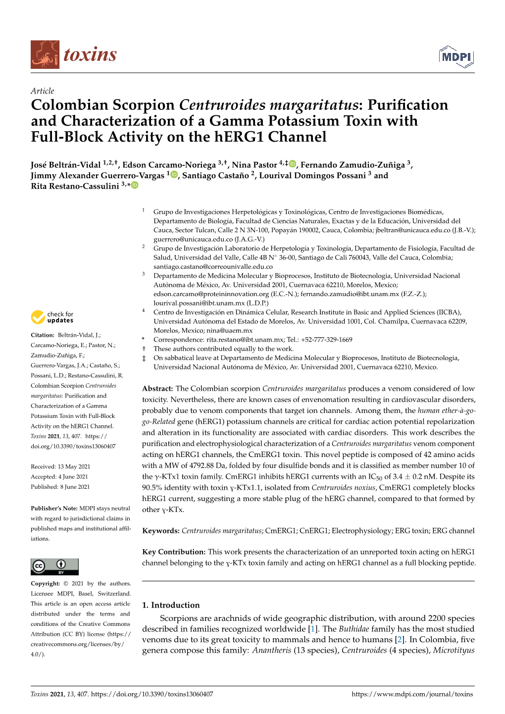 Colombian Scorpion Centruroides Margaritatus: Puriﬁcation and Characterization of a Gamma Potassium Toxin with Full-Block Activity on the Herg1 Channel