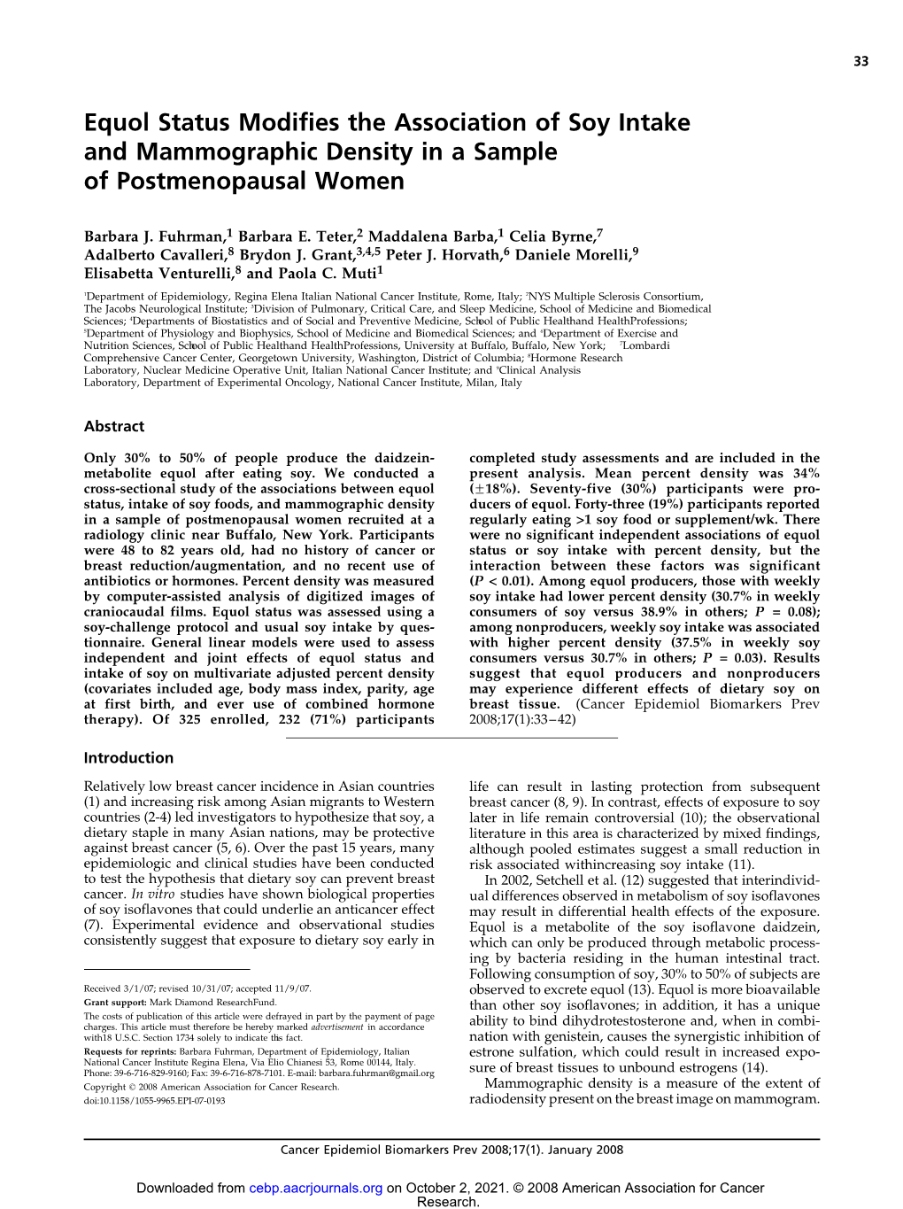 Equol Status Modifies the Association of Soy Intake and Mammographic Density in a Sample of Postmenopausal Women