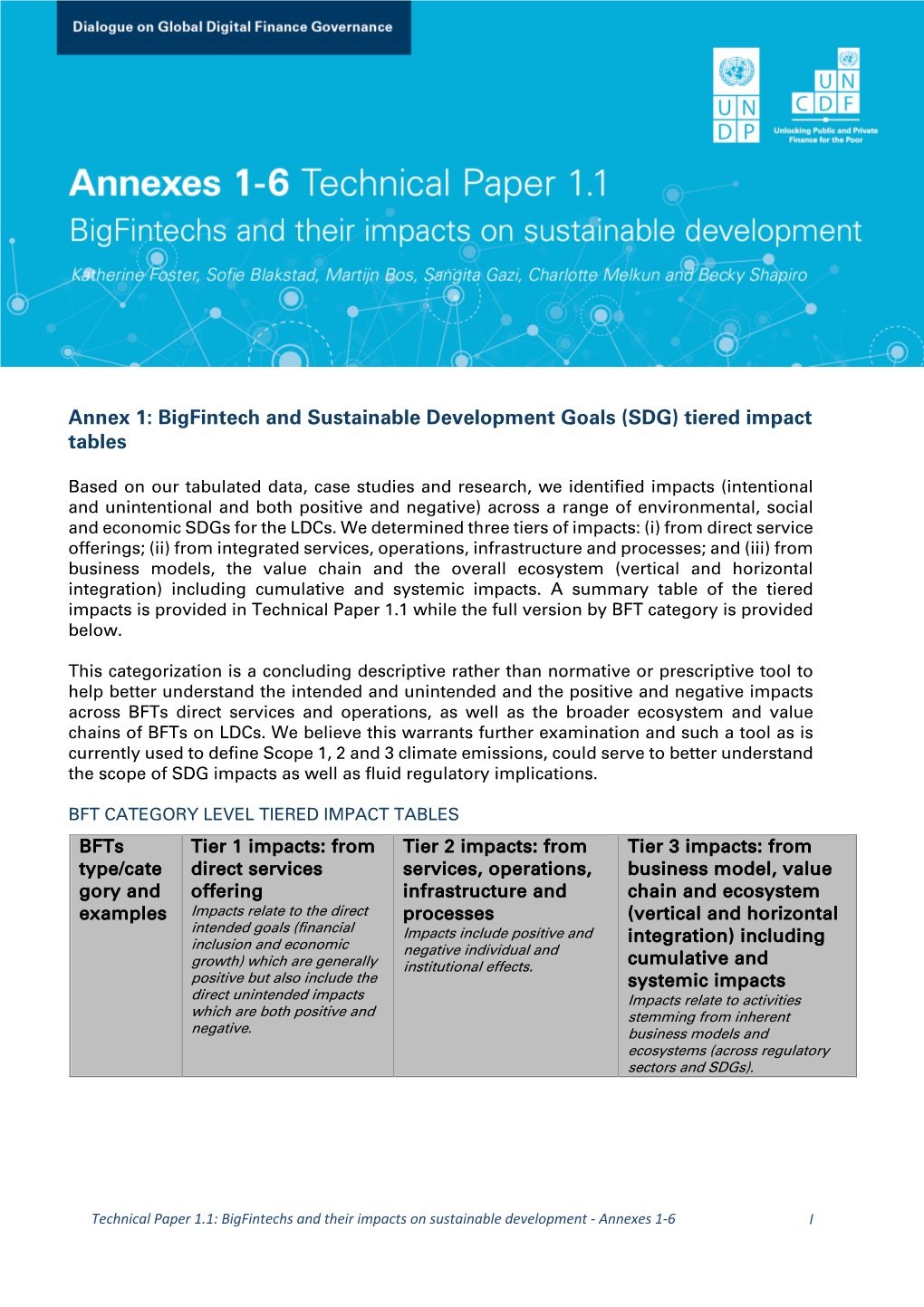 Annex 1: Bigfintech and Sustainable Development Goals (SDG) Tiered Impact Tables