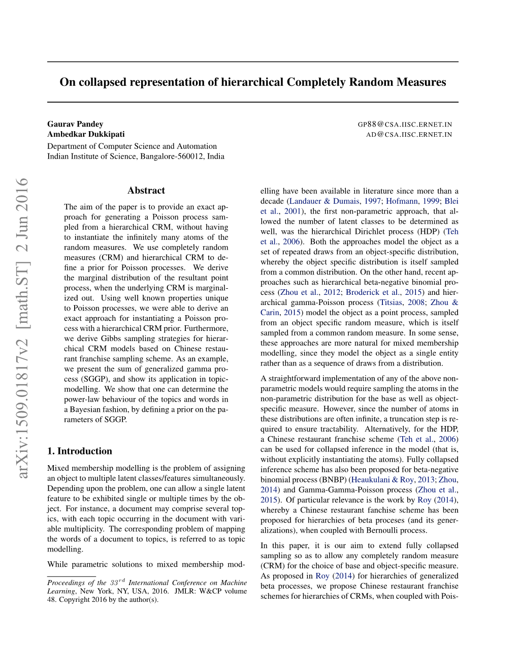 On Collapsed Representation of Hierarchical Completely Random Measures