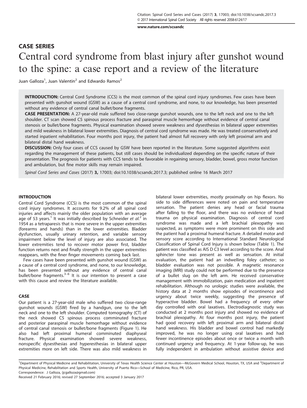 Central Cord Syndrome from Blast Injury After Gunshot Wound to the Spine: a Case Report and a Review of the Literature