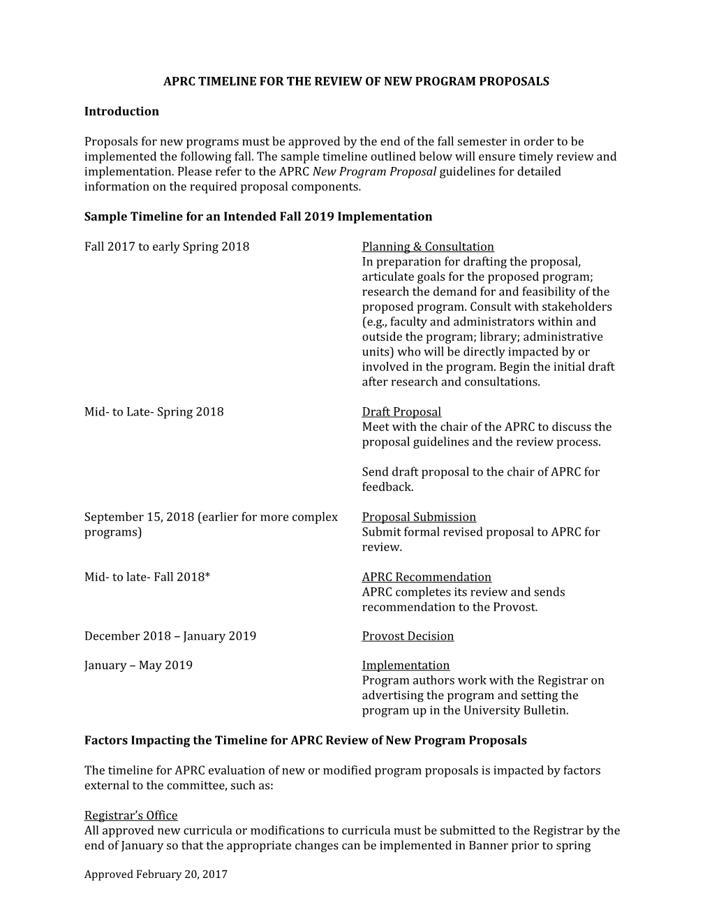 Aprc Timeline for the Review of New Program Proposals