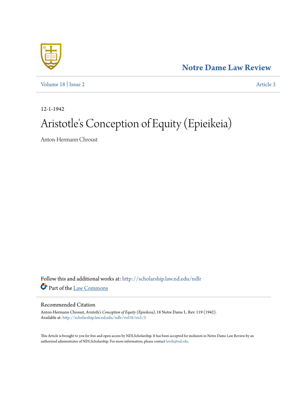 Aristotle's Conception of Equity (Epieikeia) Anton-Hermann Chroust