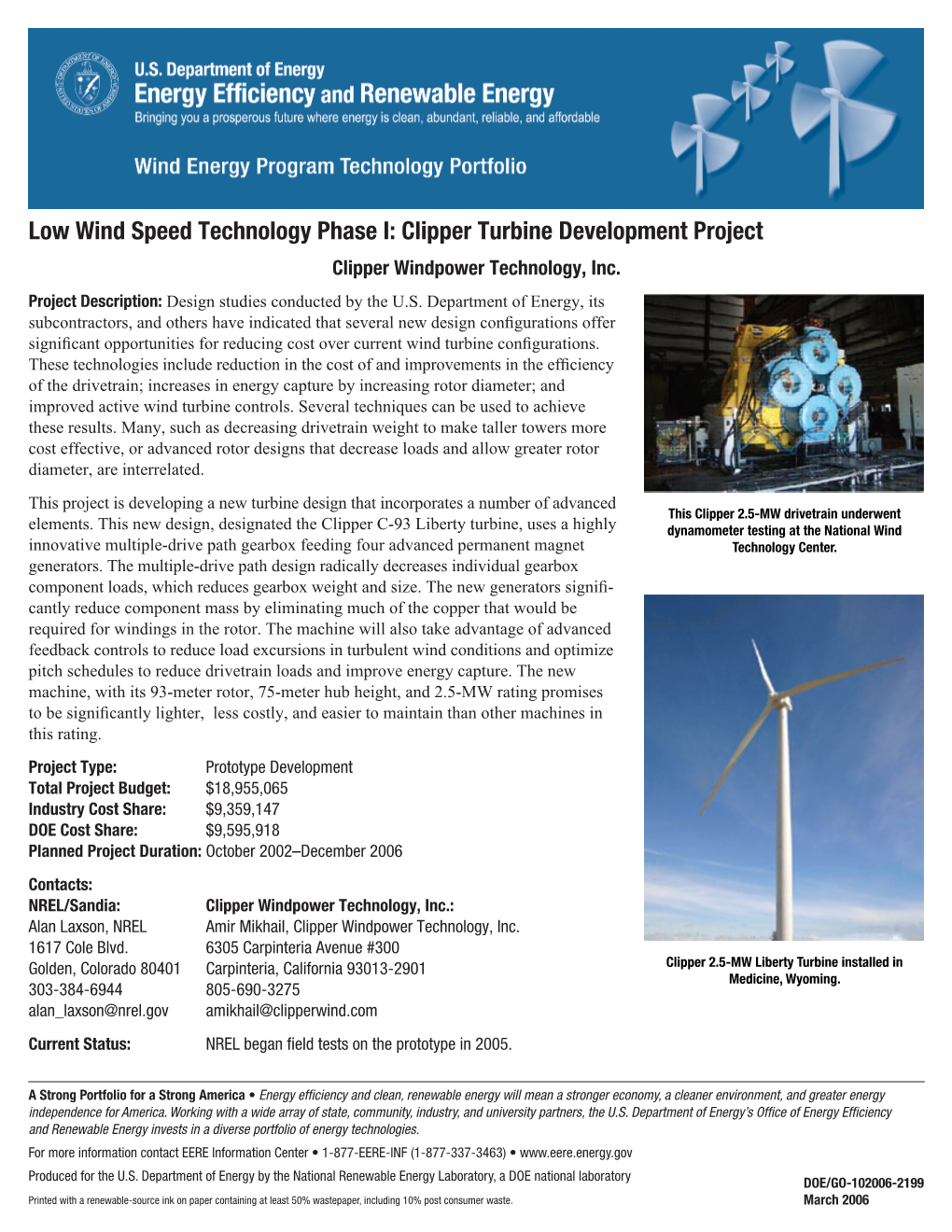 Clipper Windpower Technology, Inc. Wind Energy Program T